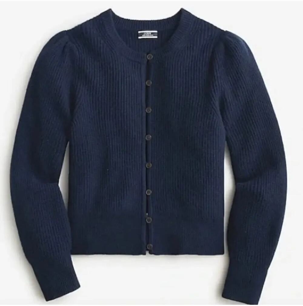 J. Crew Puff Sleeve Cashmere Cardigan Sweater Navy Blue 2X